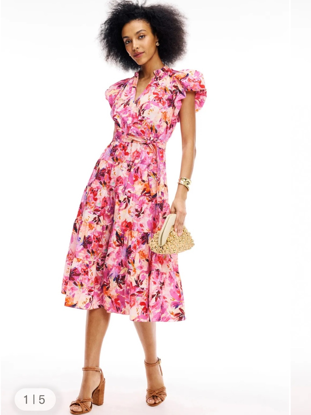 Ulla Johnson V-neck Floral Puff Sleeve Slim Fit Midi Dress Pockets Belt Sz 8